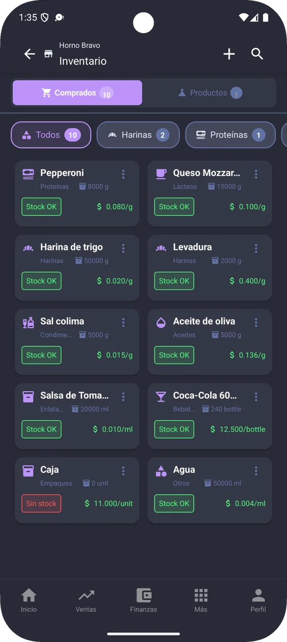 Pantalla de inventario de Ambulante Bravo con insumos, existencias y costo por unidad