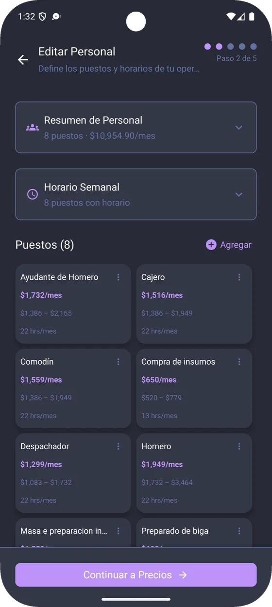Pantalla de personal de Ambulante Bravo con puestos, sueldos y horas por mes